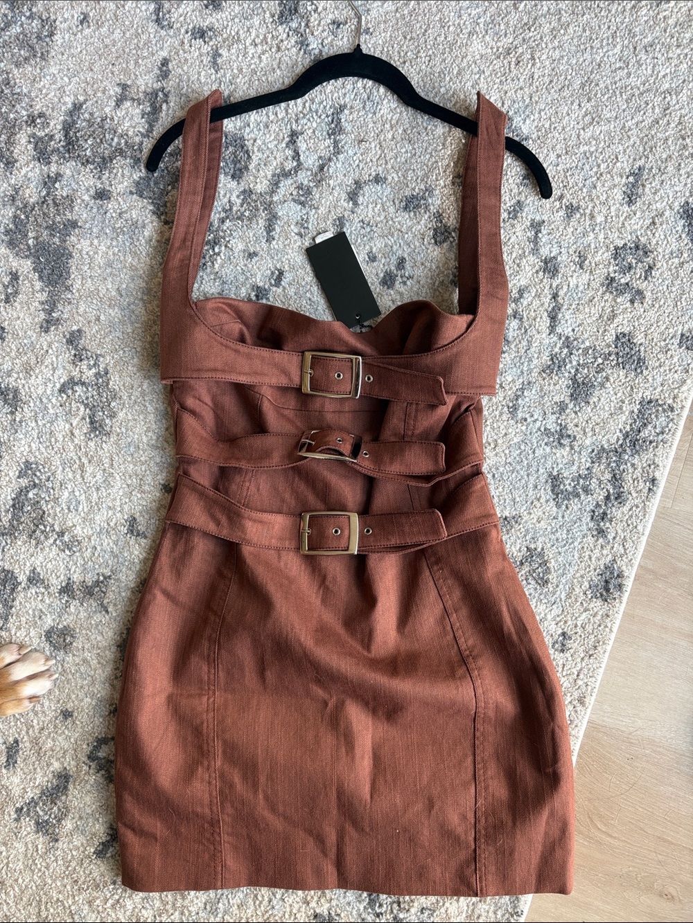 Rust-Brown Belt-Front Mini Dress with Wide Straps